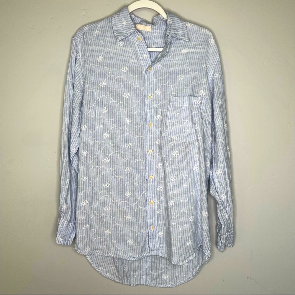 CP Shades 100% Linen‎ Floral Embroidered Striped Button Up Oversized Shirt Small